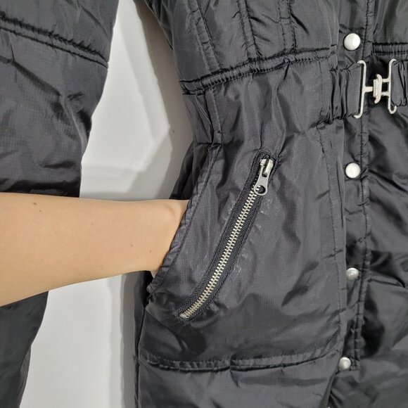 Folia Black Belted Classic Puffer Jacket Lined Hooded Winter Pockets Coat Office - Picture 3 of 16